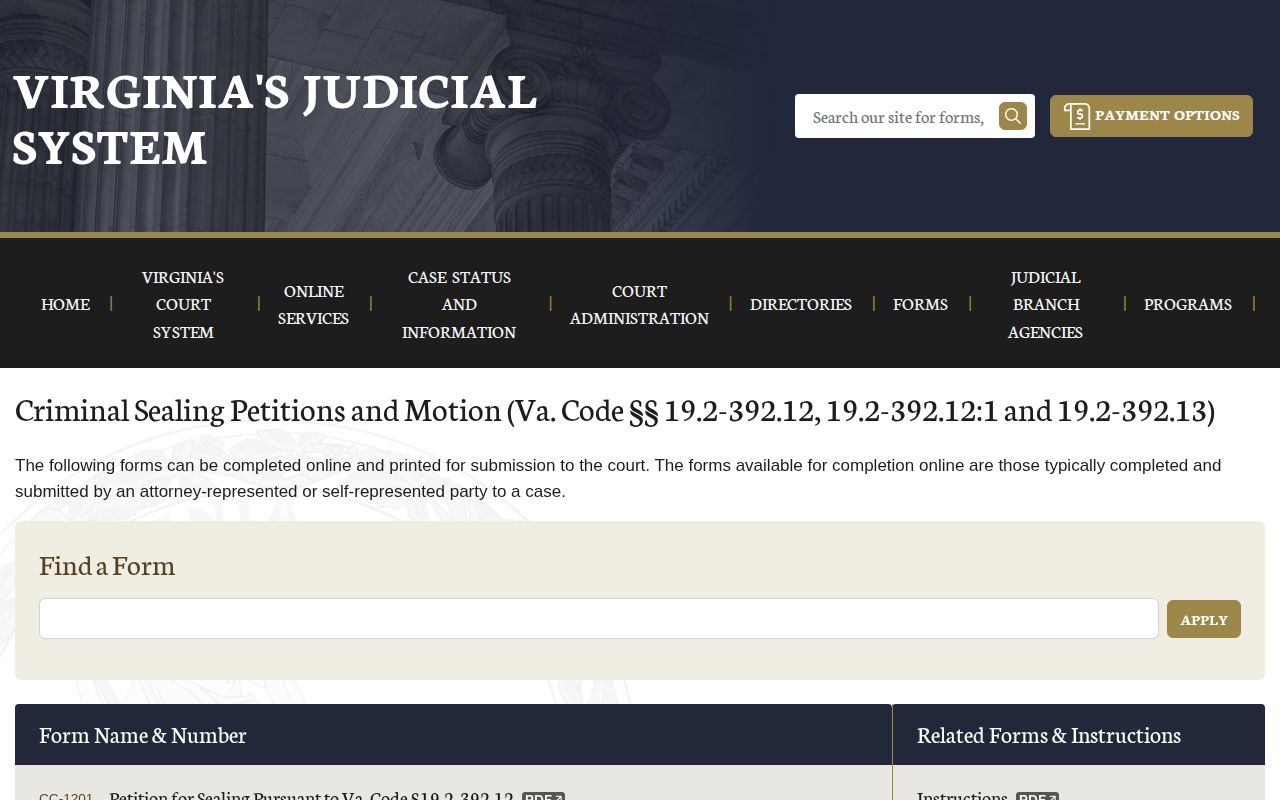Virginia criminal sealing forms page