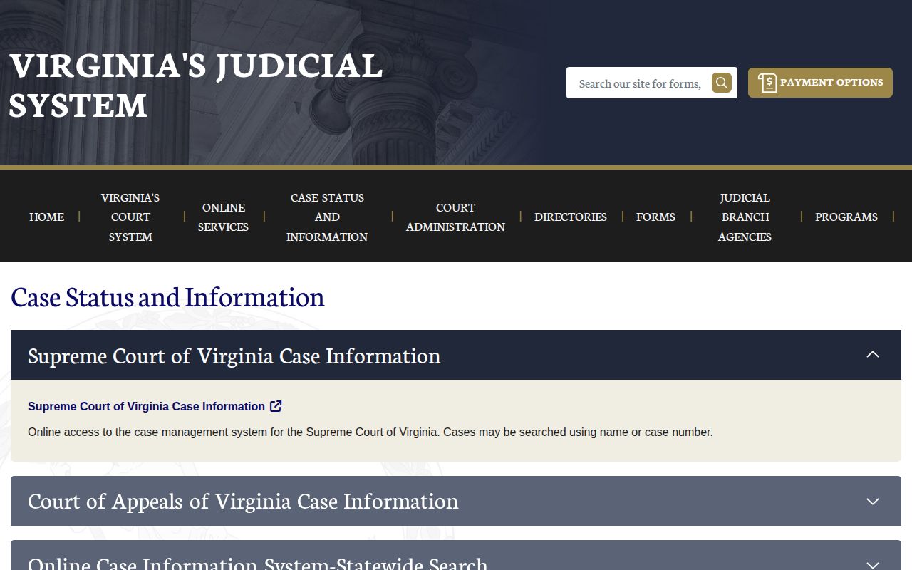 Virginia court case information landing page